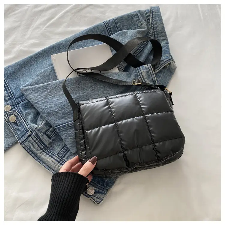 Winter Puffer Shoulder Bag Pink Red Checkered Embroidery — feature 27