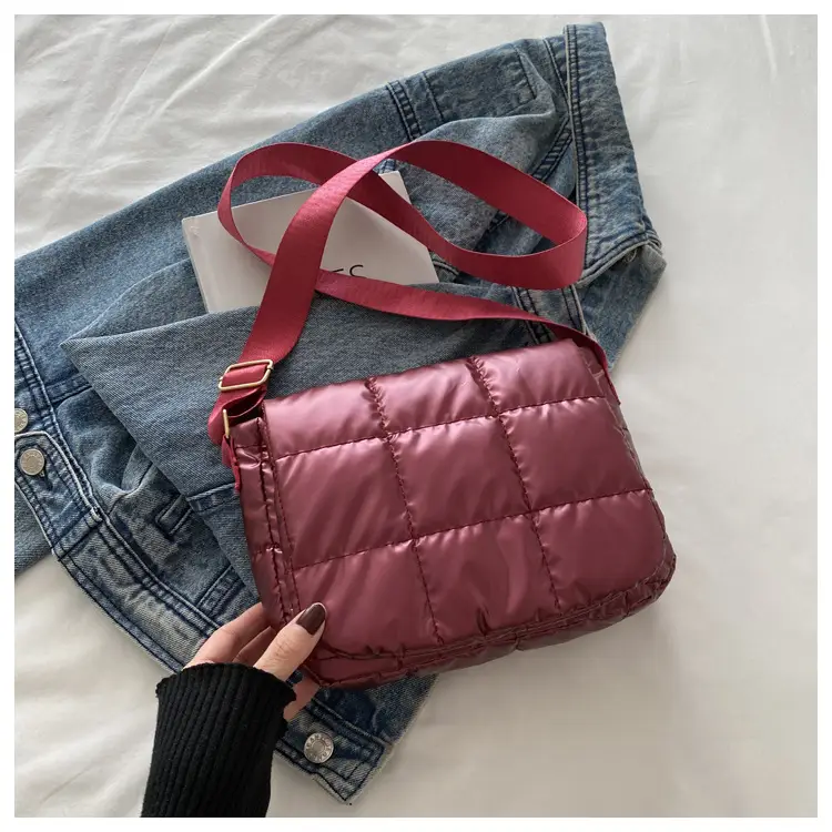 Winter Puffer Shoulder Bag Pink Red Checkered Embroidery — feature 29