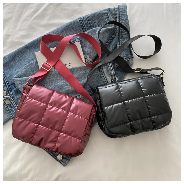 Winter Puffer Shoulder Bag Pink Red Checkered Embroidery — feature 30