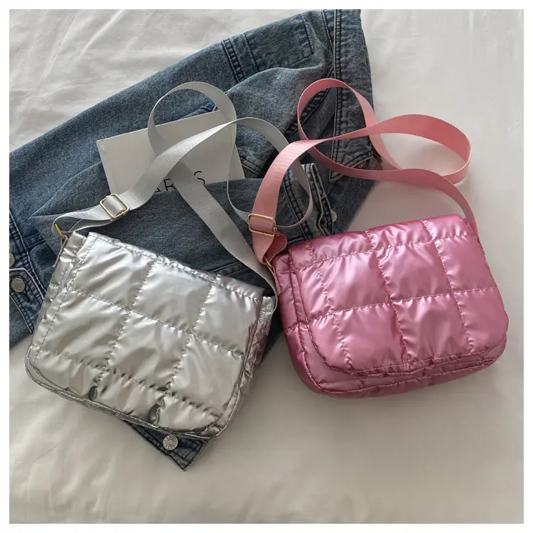 Winter Puffer Shoulder Bag Pink Red Checkered Embroidery — feature 31