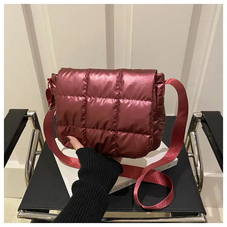 Winter Puffer Shoulder Bag Pink Red Checkered Embroidery - Image 2