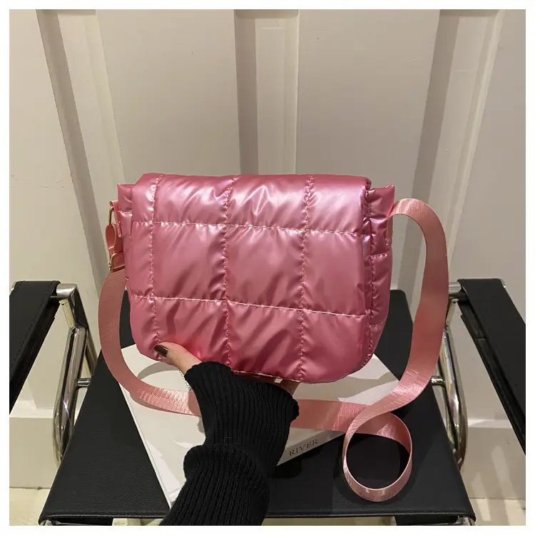 Winter Puffer Shoulder Bag Pink Red Checkered Embroidery - Image 5