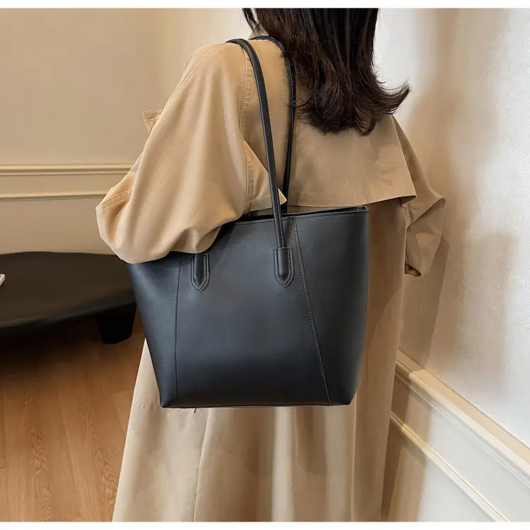 Women Large Capacity Tote Bag Black Leather Shoulder Handbag — feature 41
