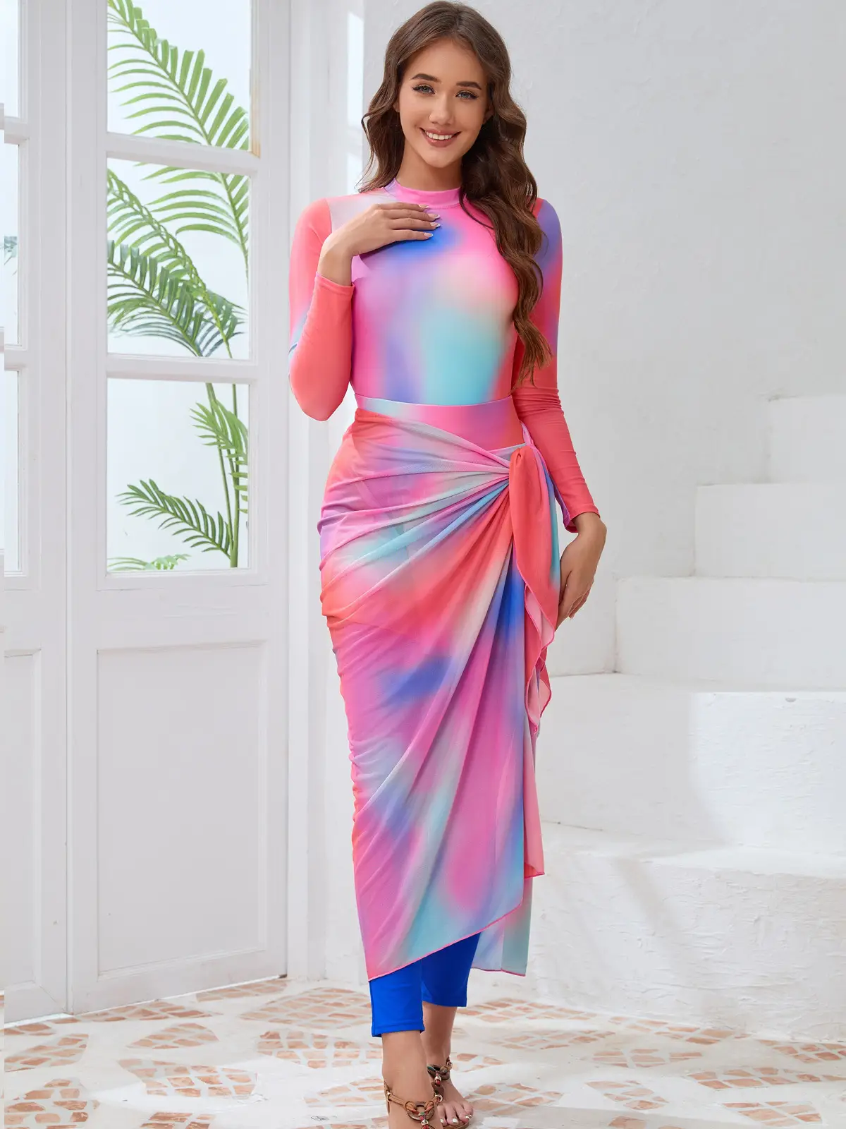 Pink Printed Muslim Long Sleeve Swim Suit 4Pc - Image 6