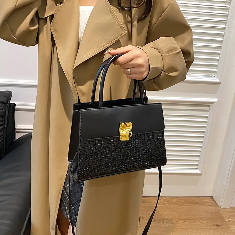 Women Croc Leather Shoulder Bag Brown 2024 - Image 9