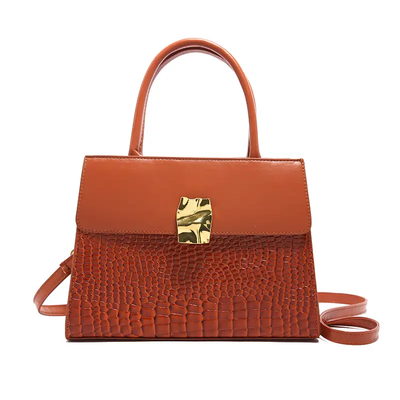 Women Croc Leather Shoulder Bag Brown 2024 - Image 11