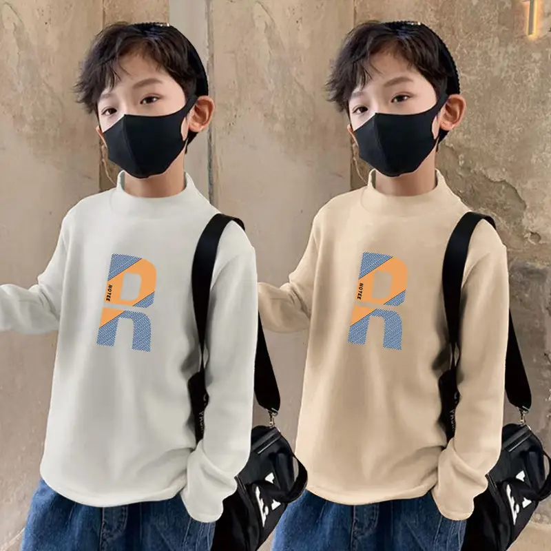 Kids Fleece Printed Shirt Grey Semi-High Collar Autumn Winter - Image 7
