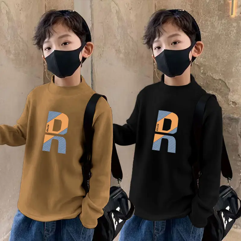Kids Fleece Printed Shirt Grey Semi-High Collar Autumn Winter - Image 9