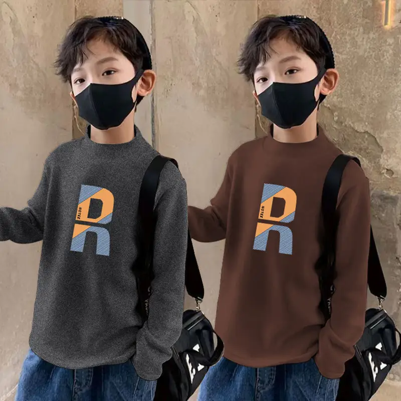 Kids Fleece Printed Shirt Grey Semi-High Collar Autumn Winter - Image 10
