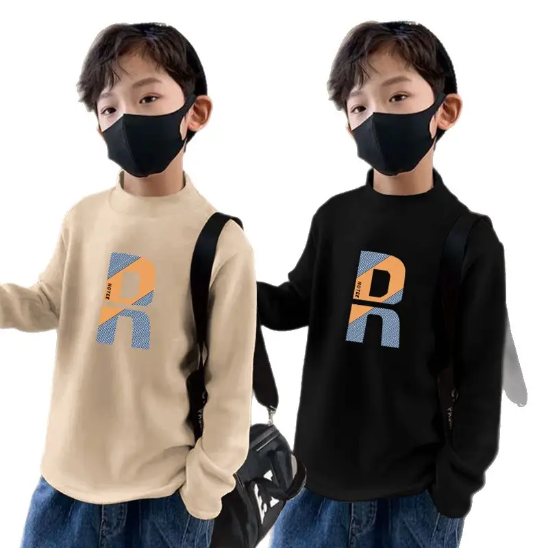Kids Fleece Printed Shirt Grey Semi-High Collar Autumn Winter - Image 11