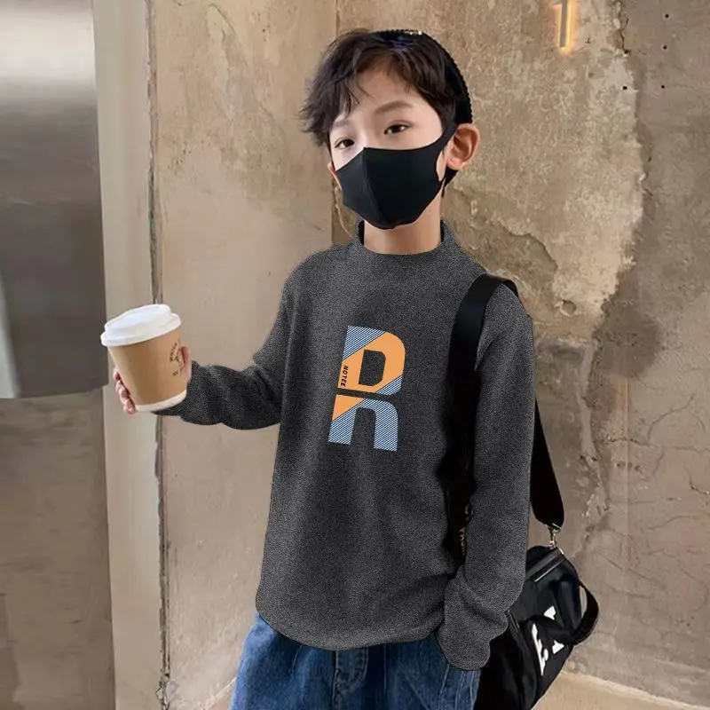 Kids Fleece Printed Shirt Grey Semi-High Collar Autumn Winter — feature 13