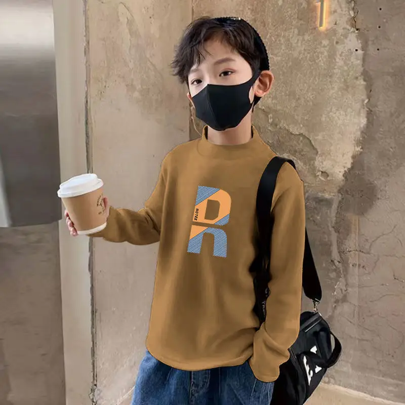 Kids Fleece Printed Shirt Grey Semi-High Collar Autumn Winter — feature 14