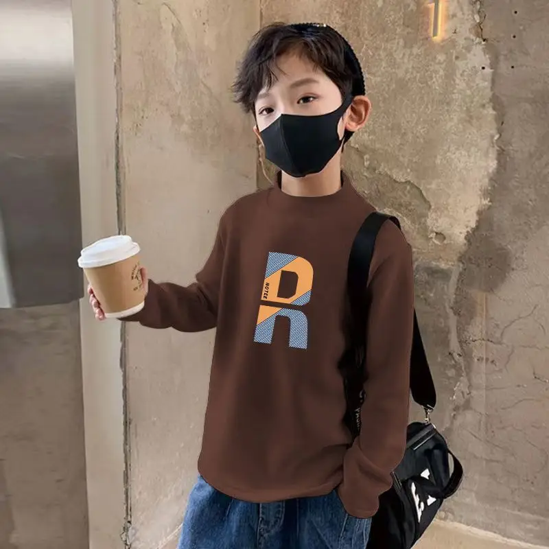 Kids Fleece Printed Shirt Grey Semi-High Collar Autumn Winter — feature 15