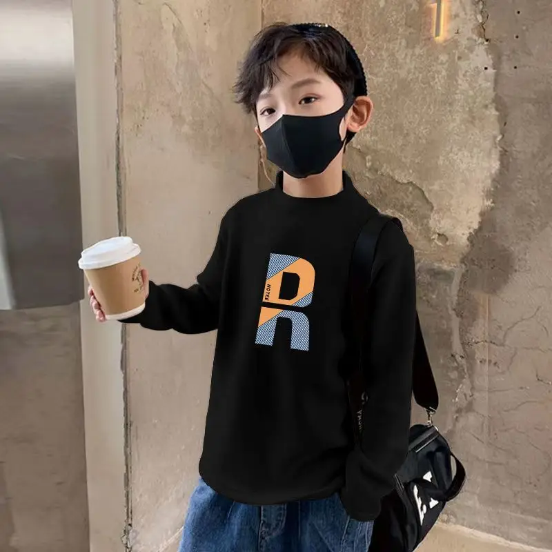 Kids Fleece Printed Shirt Grey Semi-High Collar Autumn Winter - Image 2