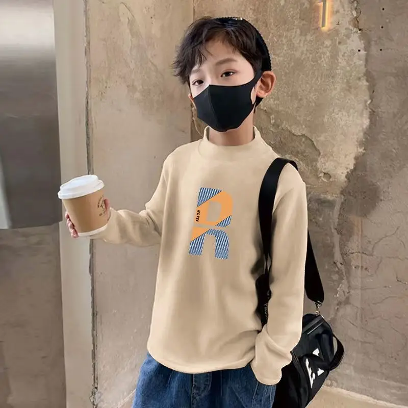 Kids Fleece Printed Shirt Grey Semi-High Collar Autumn Winter - Image 4