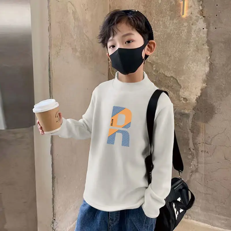 Kids Fleece Printed Shirt Grey Semi-High Collar Autumn Winter - Image 6