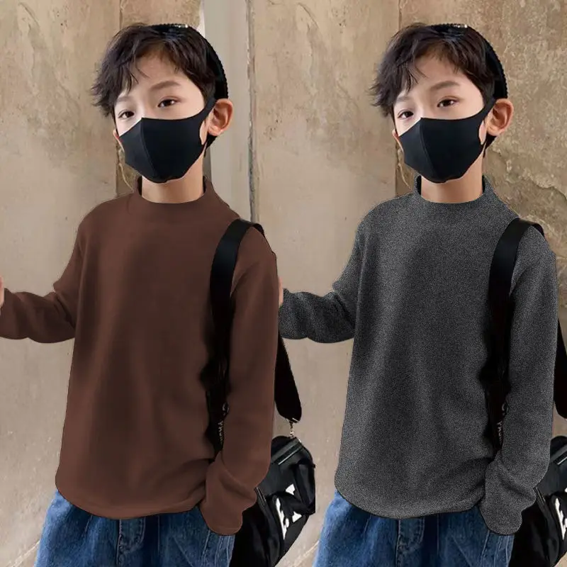 Children Velvet T-Shirt Brown Cream Half High Collar Winter Warm - Image 7