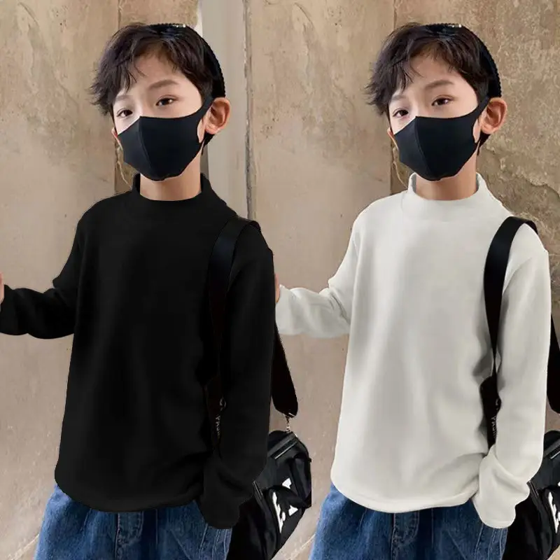 Children Velvet T-Shirt Brown Cream Half High Collar Winter Warm - Image 8