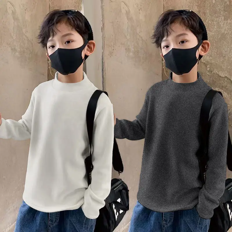 Children Velvet T-Shirt Brown Cream Half High Collar Winter Warm - Image 9