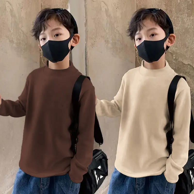 Children Velvet T-Shirt Brown Cream Half High Collar Winter Warm - Image 10