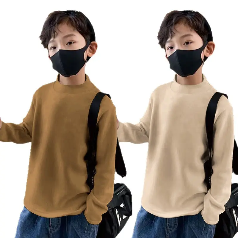 Children Velvet T-Shirt Brown Cream Half High Collar Winter Warm - Image 11