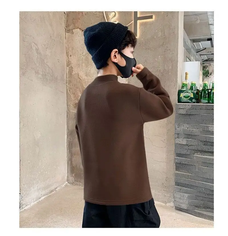 Children Velvet T-Shirt Brown Cream Half High Collar Winter Warm — feature 12