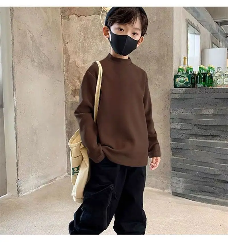 Children Velvet T-Shirt Brown Cream Half High Collar Winter Warm — feature 13