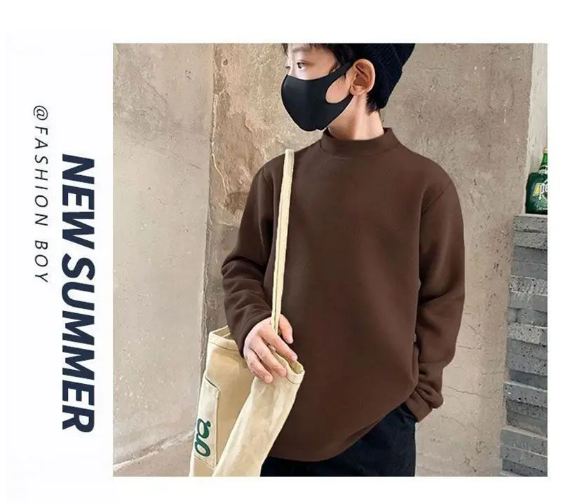 Children Velvet T-Shirt Brown Cream Half High Collar Winter Warm — feature 14