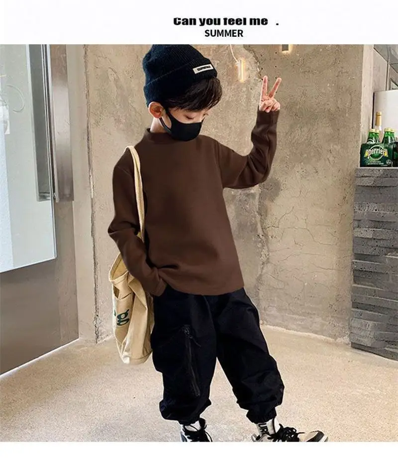 Children Velvet T-Shirt Brown Cream Half High Collar Winter Warm — feature 15
