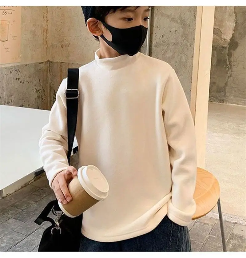 Children Velvet T-Shirt Brown Cream Half High Collar Winter Warm — feature 16