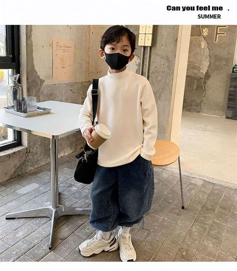 Children Velvet T-Shirt Brown Cream Half High Collar Winter Warm — feature 17