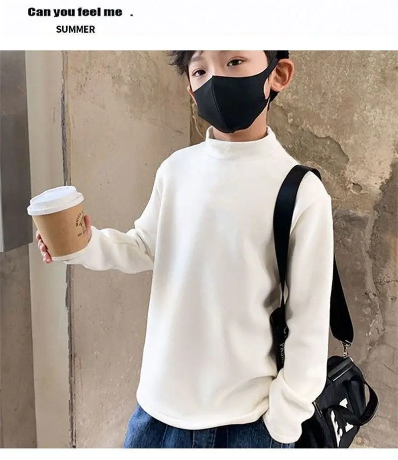 Children Velvet T-Shirt Brown Cream Half High Collar Winter Warm — feature 18