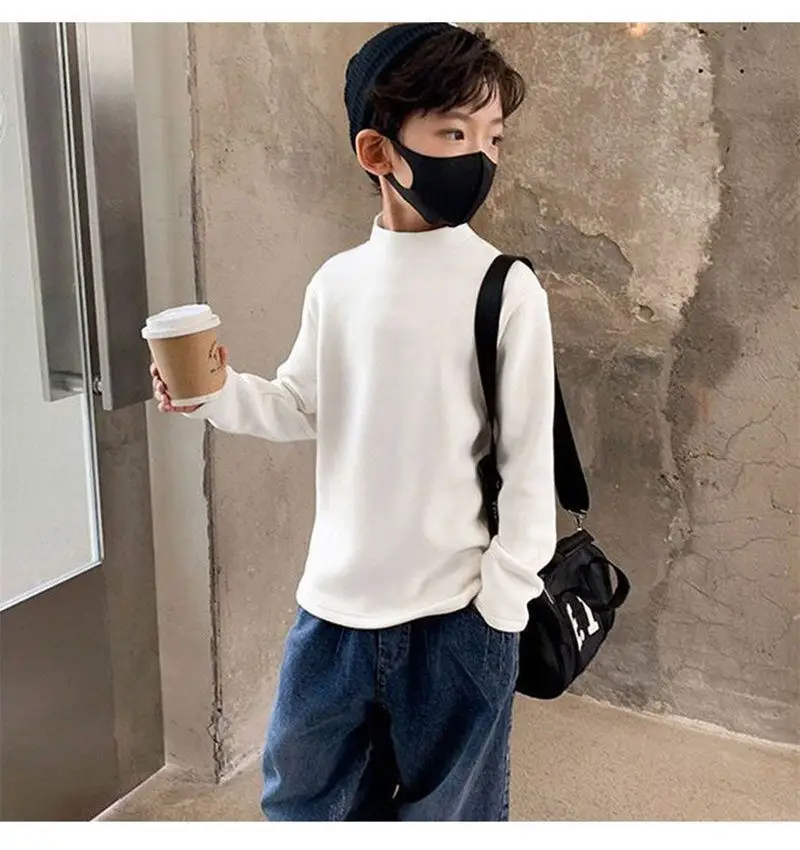 Children Velvet T-Shirt Brown Cream Half High Collar Winter Warm — feature 19