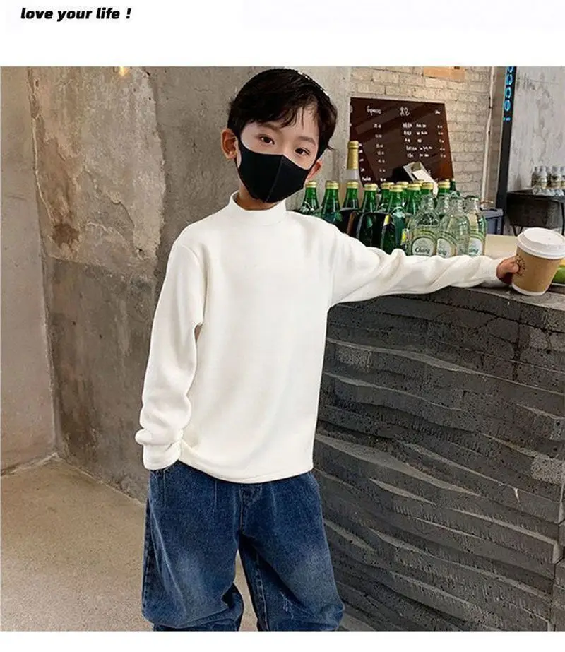 Children Velvet T-Shirt Brown Cream Half High Collar Winter Warm — feature 22