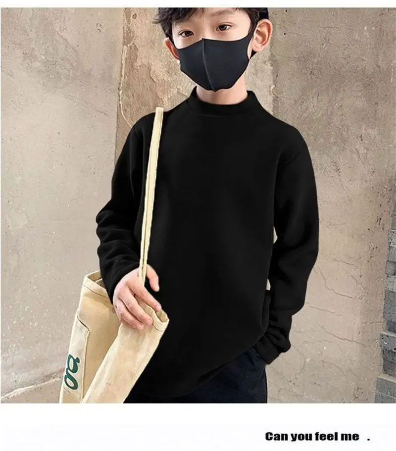 Children Velvet T-Shirt Brown Cream Half High Collar Winter Warm — feature 23