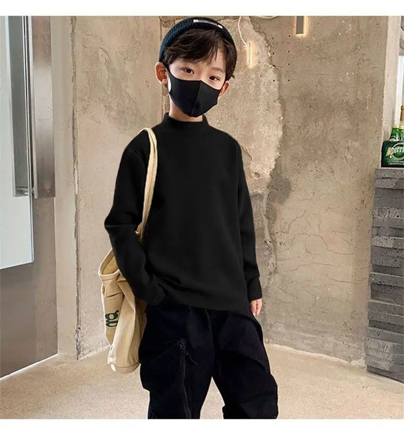 Children Velvet T-Shirt Brown Cream Half High Collar Winter Warm — feature 24