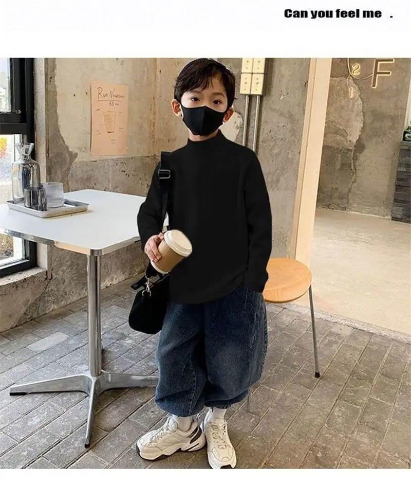 Children Velvet T-Shirt Brown Cream Half High Collar Winter Warm — feature 26