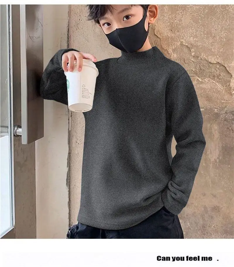 Children Velvet T-Shirt Brown Cream Half High Collar Winter Warm — feature 28