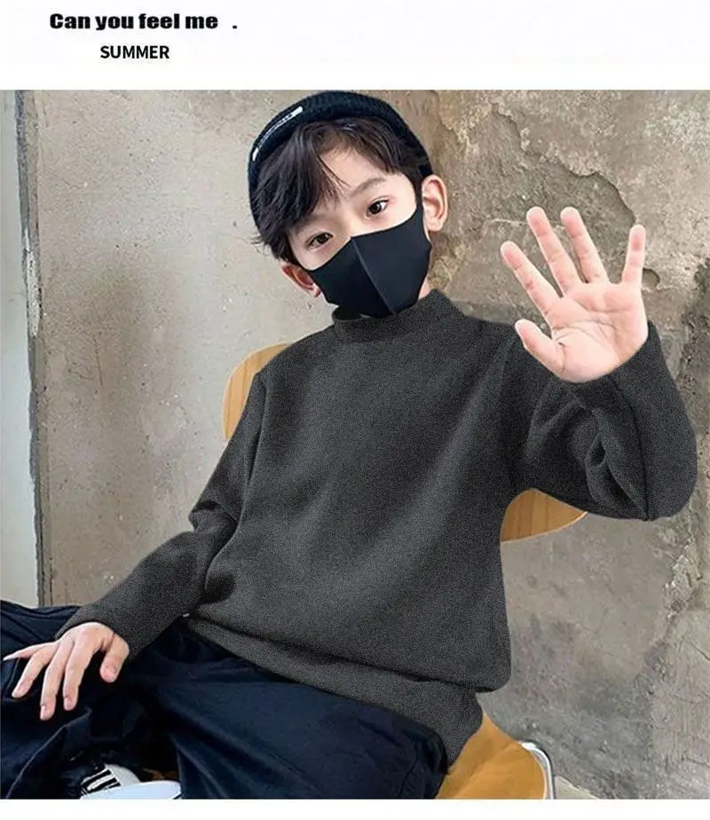 Children Velvet T-Shirt Brown Cream Half High Collar Winter Warm — feature 29