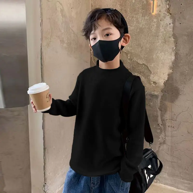 Children Velvet T-Shirt Brown Cream Half High Collar Winter Warm - Image 2