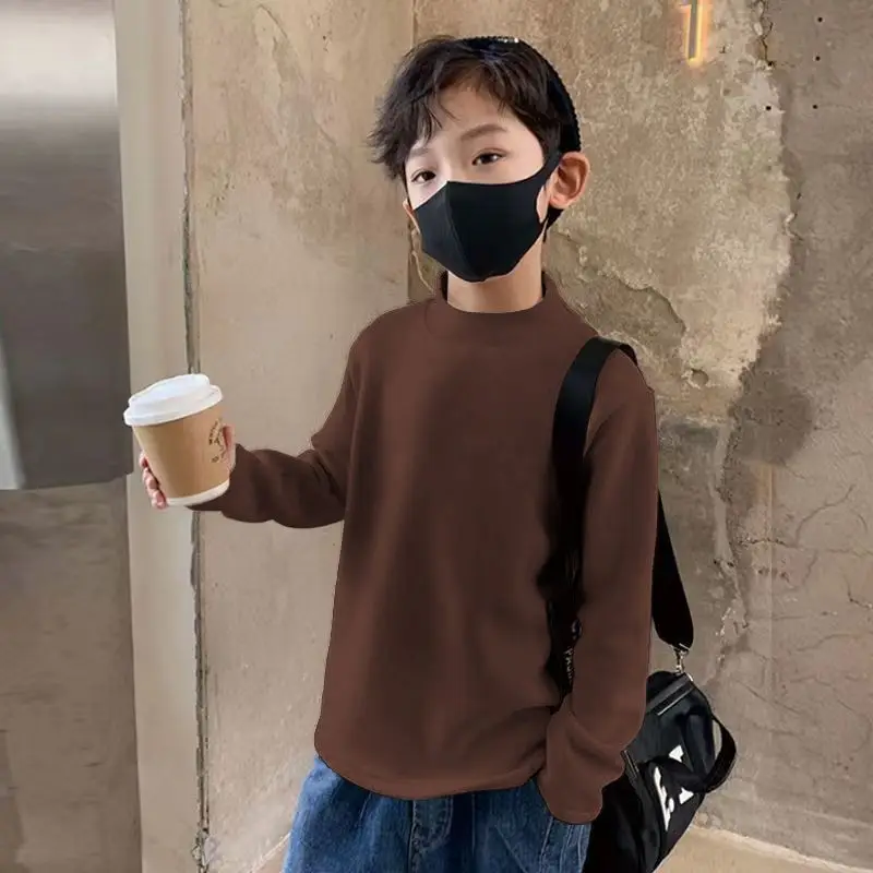 Children Velvet T-Shirt Brown Cream Half High Collar Winter Warm - Image 3