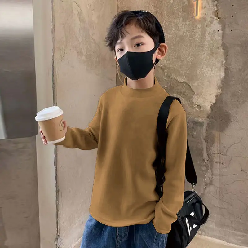 Children Velvet T-Shirt Brown Cream Half High Collar Winter Warm - Image 4