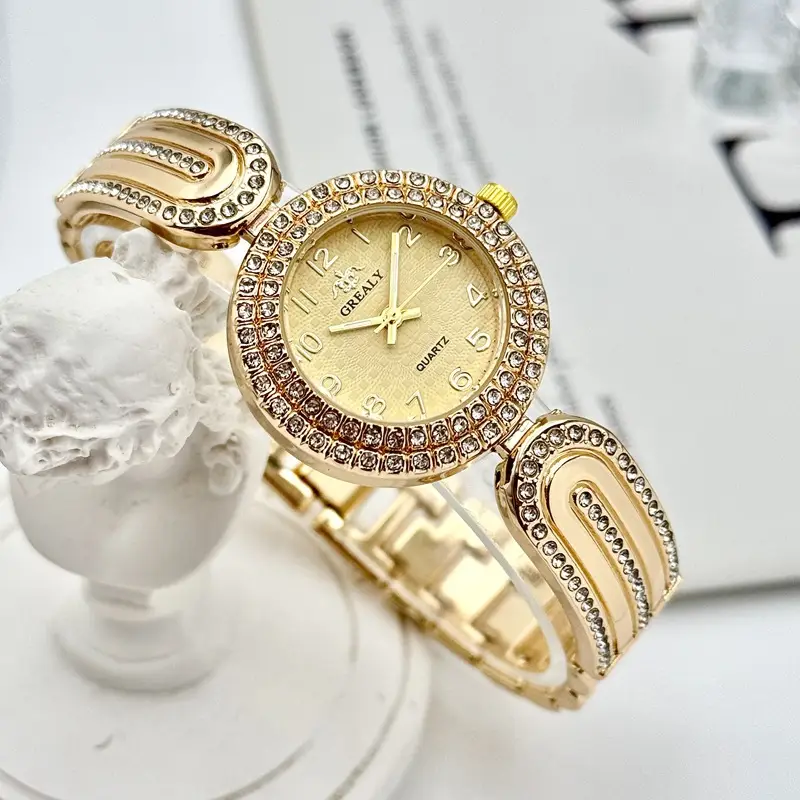 Gold Diamond-Encrusted Women's Watch with Green Dial