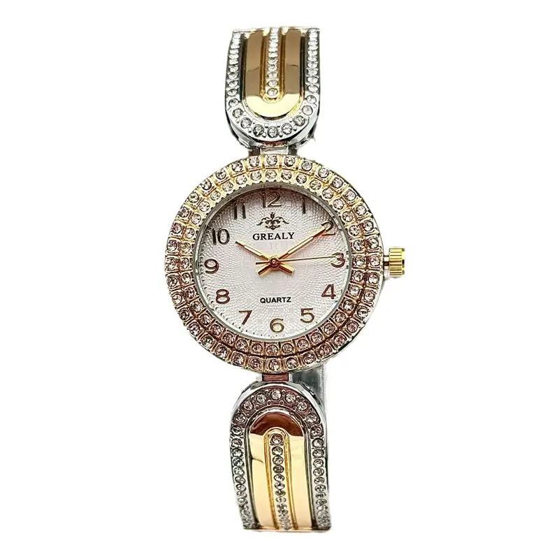 Gold Diamond-Encrusted Women's Watch with Green Dial