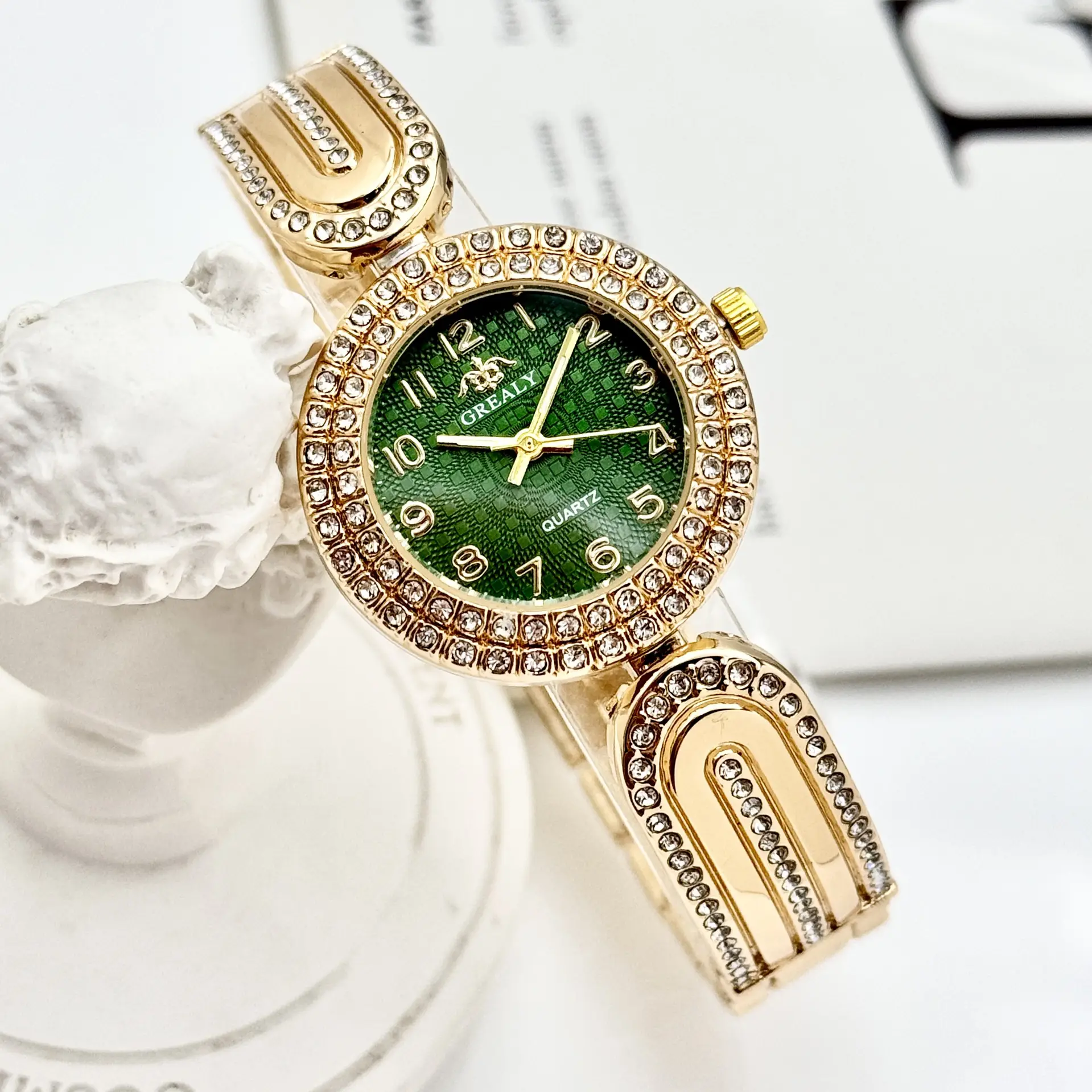 Gold Diamond-Encrusted Women's Watch with Green Dial — feature 10