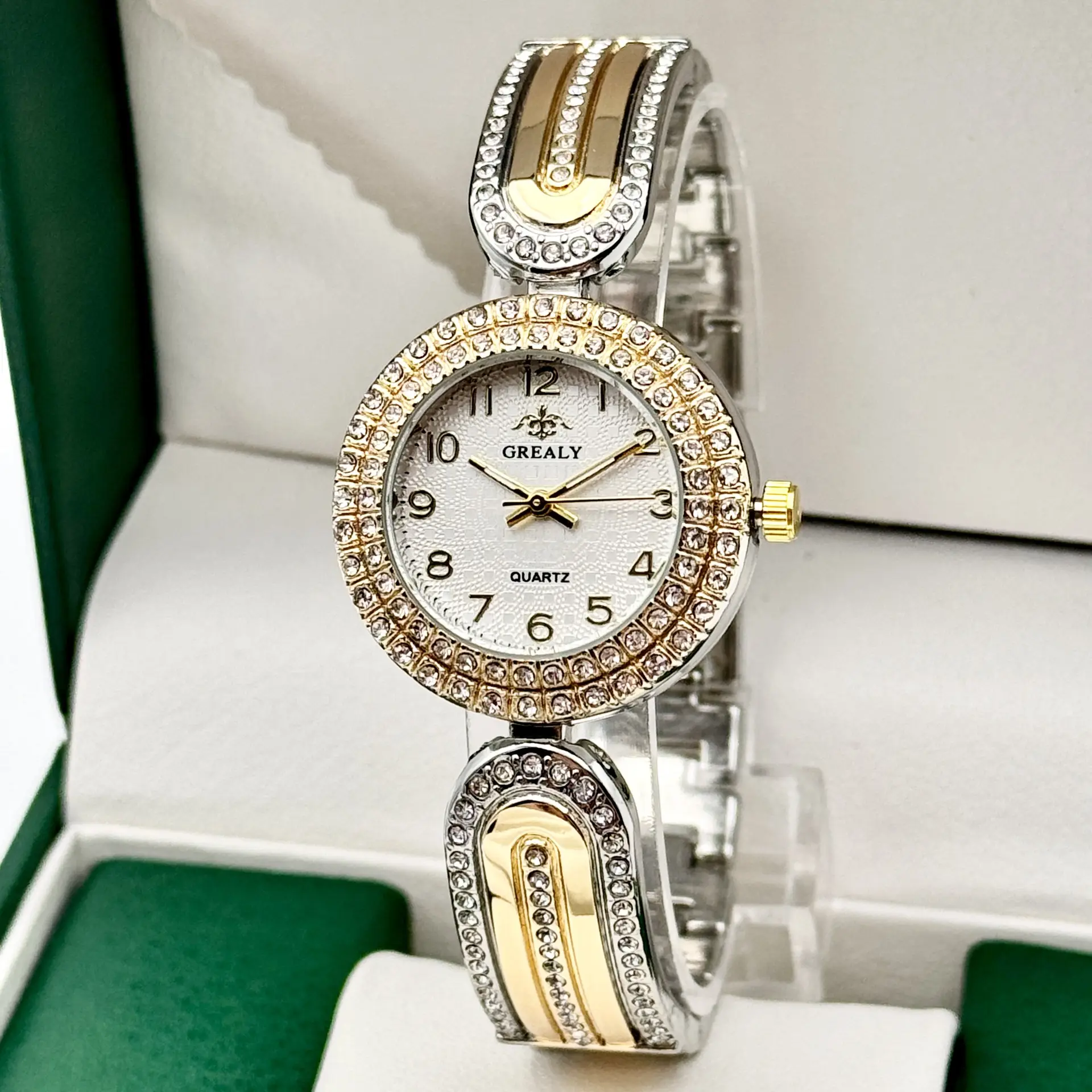 Gold Diamond-Encrusted Women's Watch with Green Dial — feature 12
