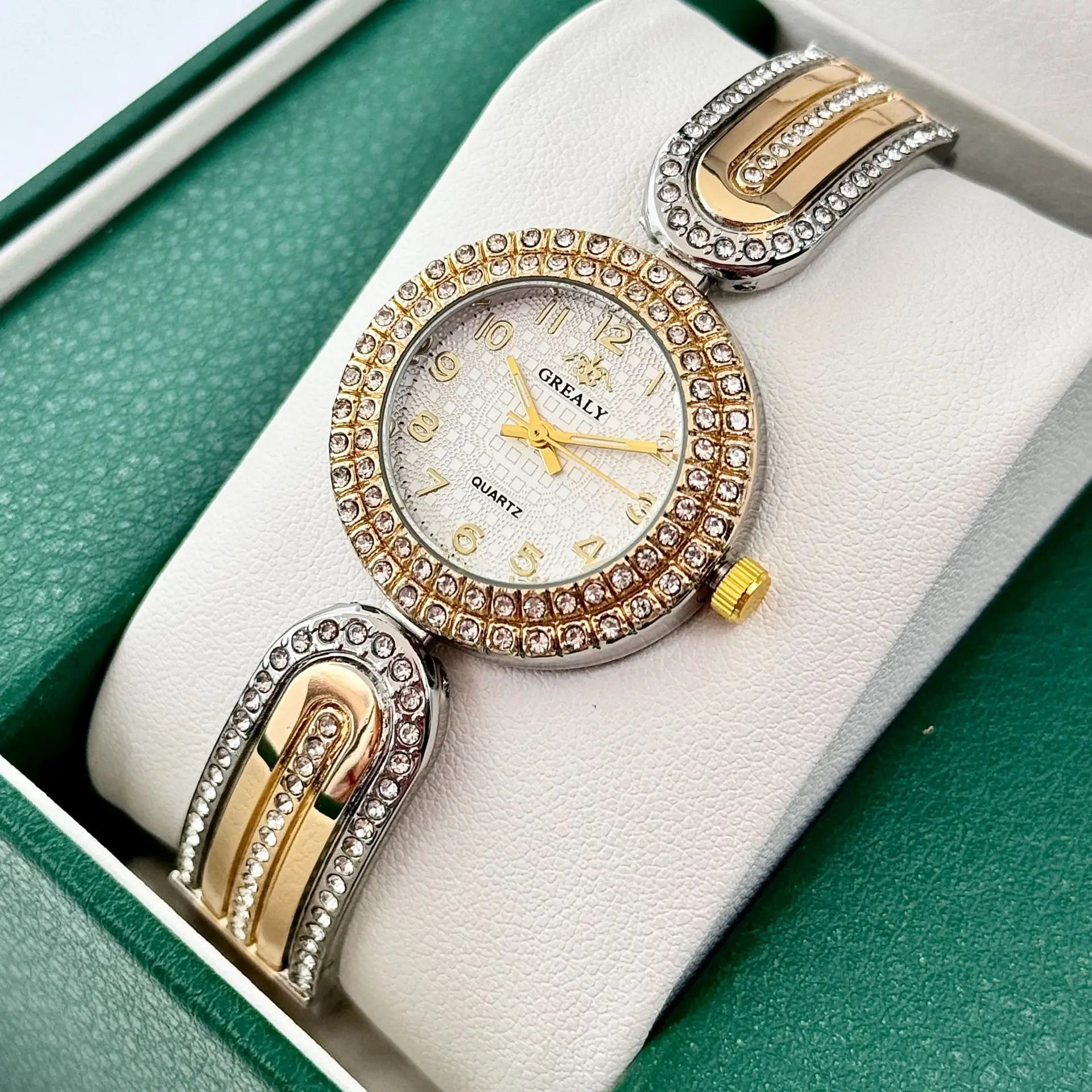 Gold Diamond-Encrusted Women's Watch with Green Dial — feature 13