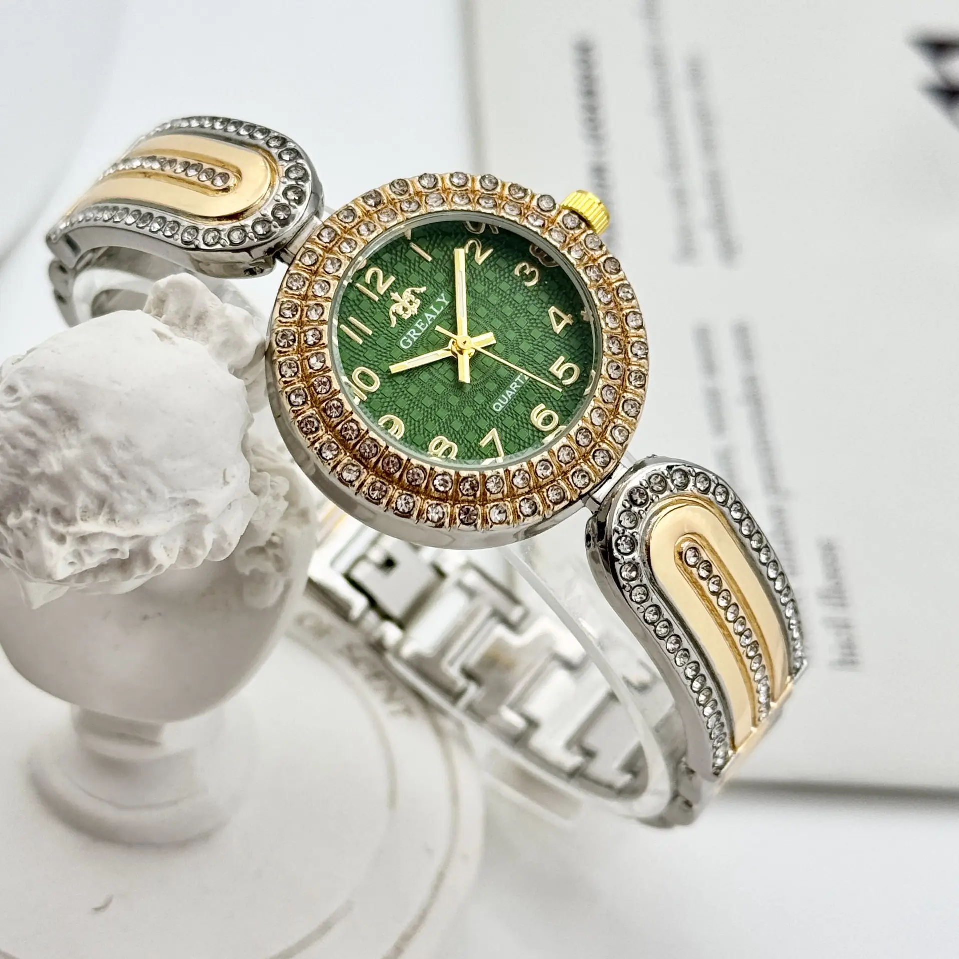 Gold Diamond-Encrusted Women's Watch with Green Dial — feature 15