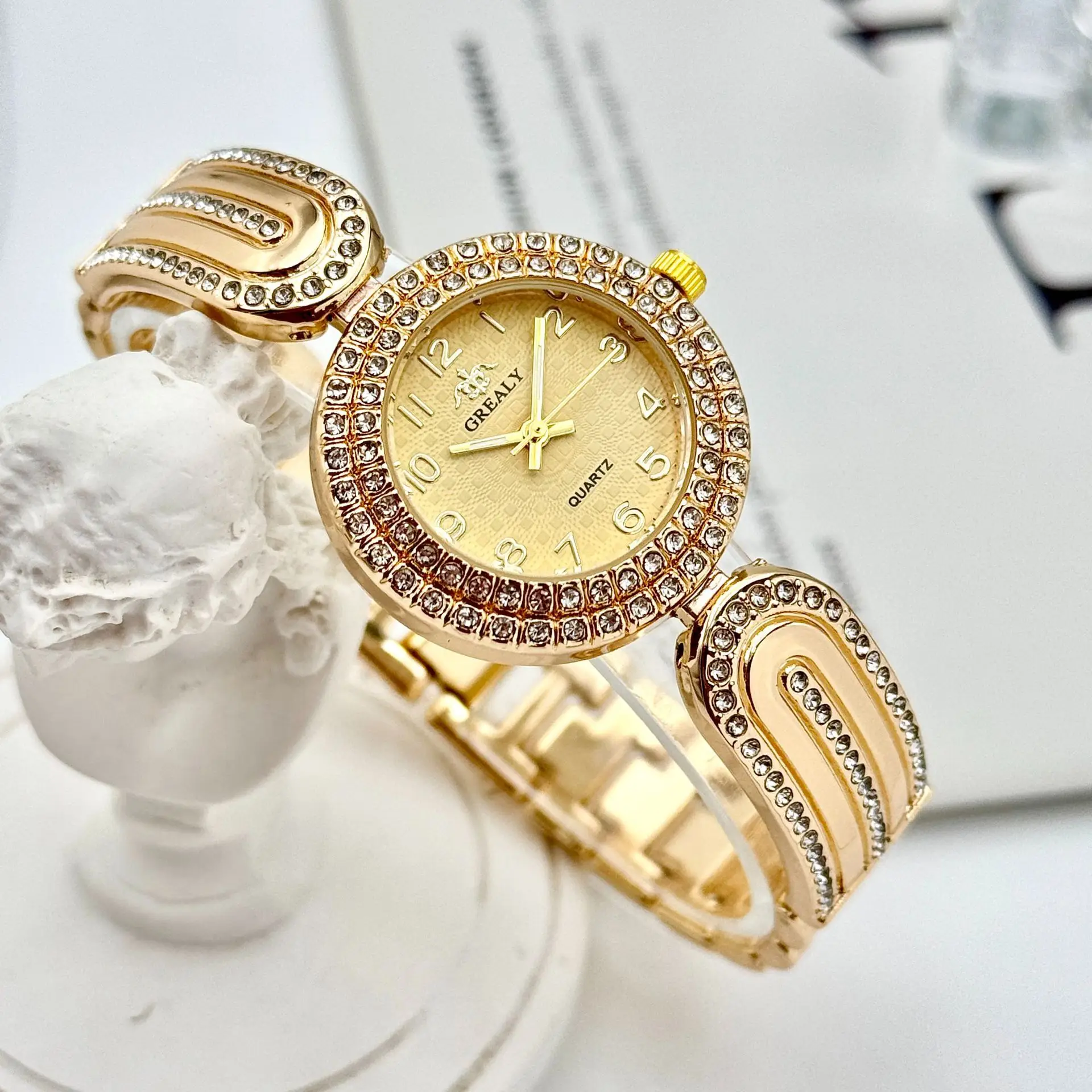 Gold Diamond-Encrusted Women's Watch with Green Dial — feature 5