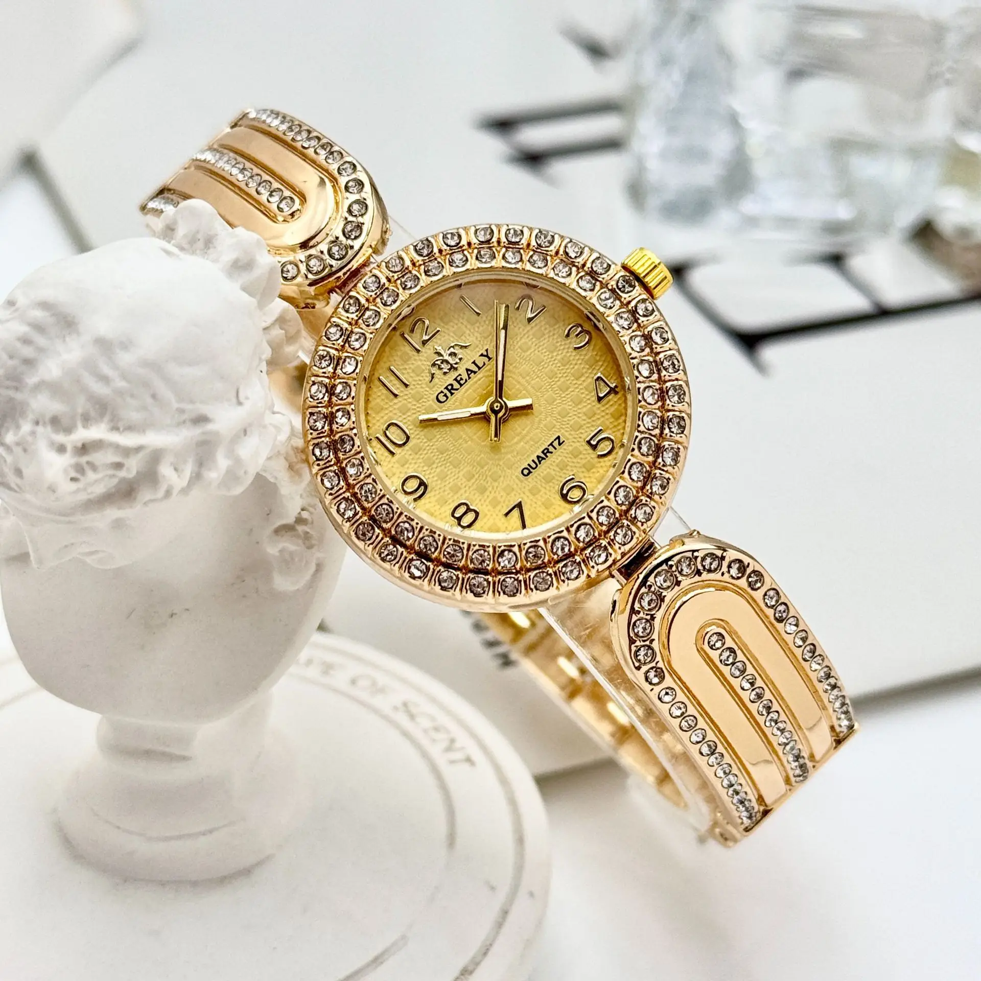 Gold Diamond-Encrusted Women's Watch with Green Dial — feature 6